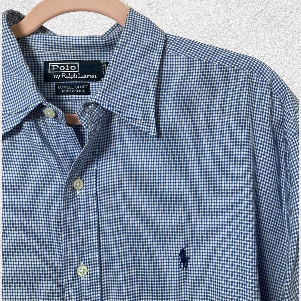 Polo Ralph Lauren Lowell Sport Shirt L Blue Check‎ Short Sleeve Preppy Office